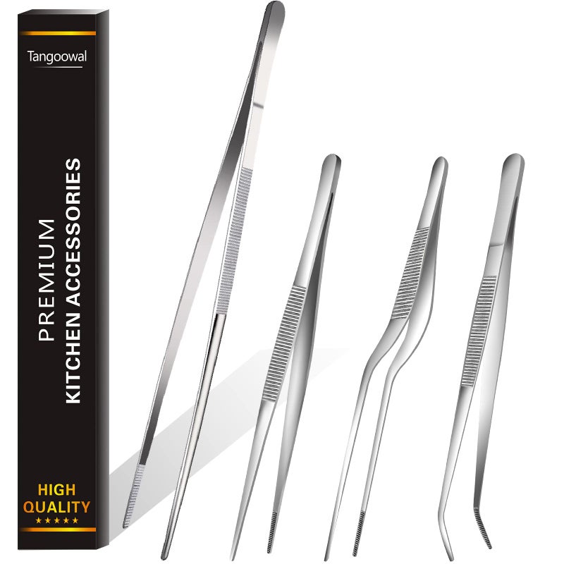Tangoowal Professional Fine Cooking Tweezer Tongs,High-Precision Stainless Steel Kitchen Tweezers Tongs - 1pcs 12" and 3pcs 6.3" - Image 1